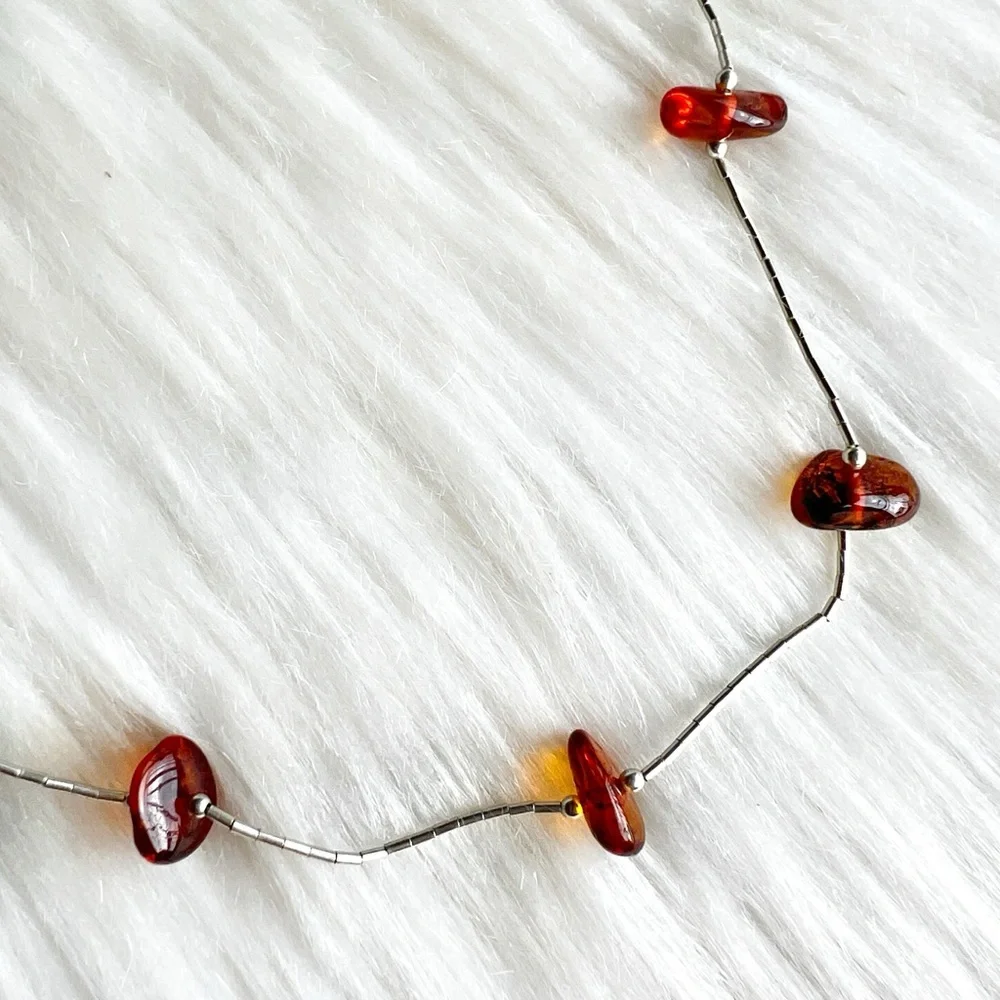Vintage AMBER & STERLING SILVER Southwestern Necklace • Bohemian Retro Western